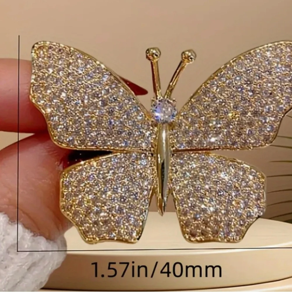 Gold Tone Butterfly Brooch with clear crystals - Picture 2 of 2
